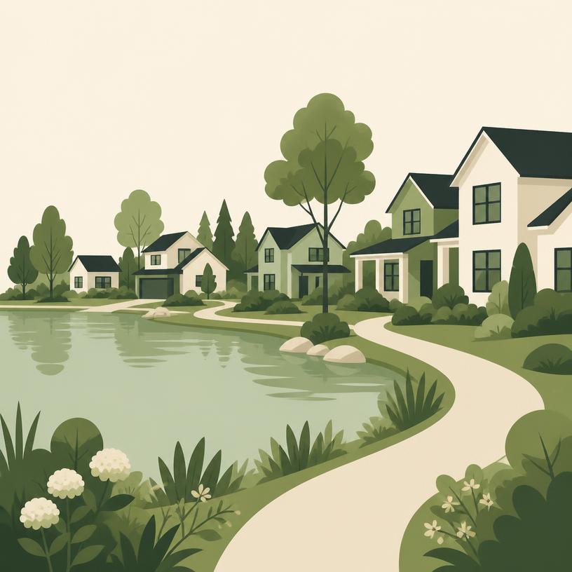 Illustration of a Lantana lakeside neighborhood